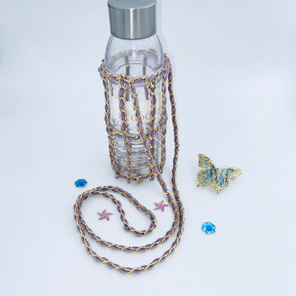 Crochet Velvet Bottle Holder, Gold Chain Bottle Holder, Water Bottle Sling, Water Bottle Carrier, Crossbody Bottle Bag, Water Flask Carrier