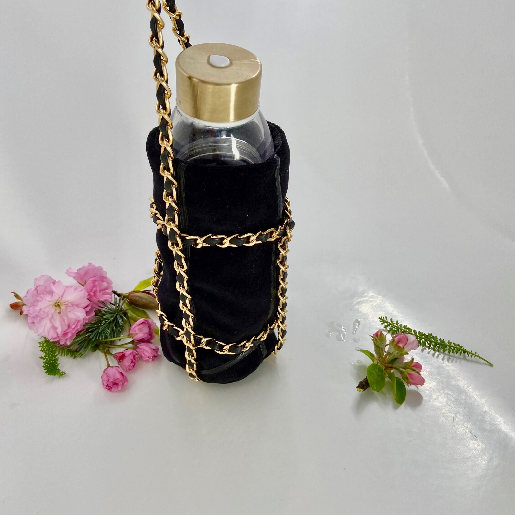 Rose Gold or Black Gold Chain Velvet Water Bottle Holder with Shoulder Sling Pouch, For Your Reusable Hydro Flask Bottle, Makes Great Gift