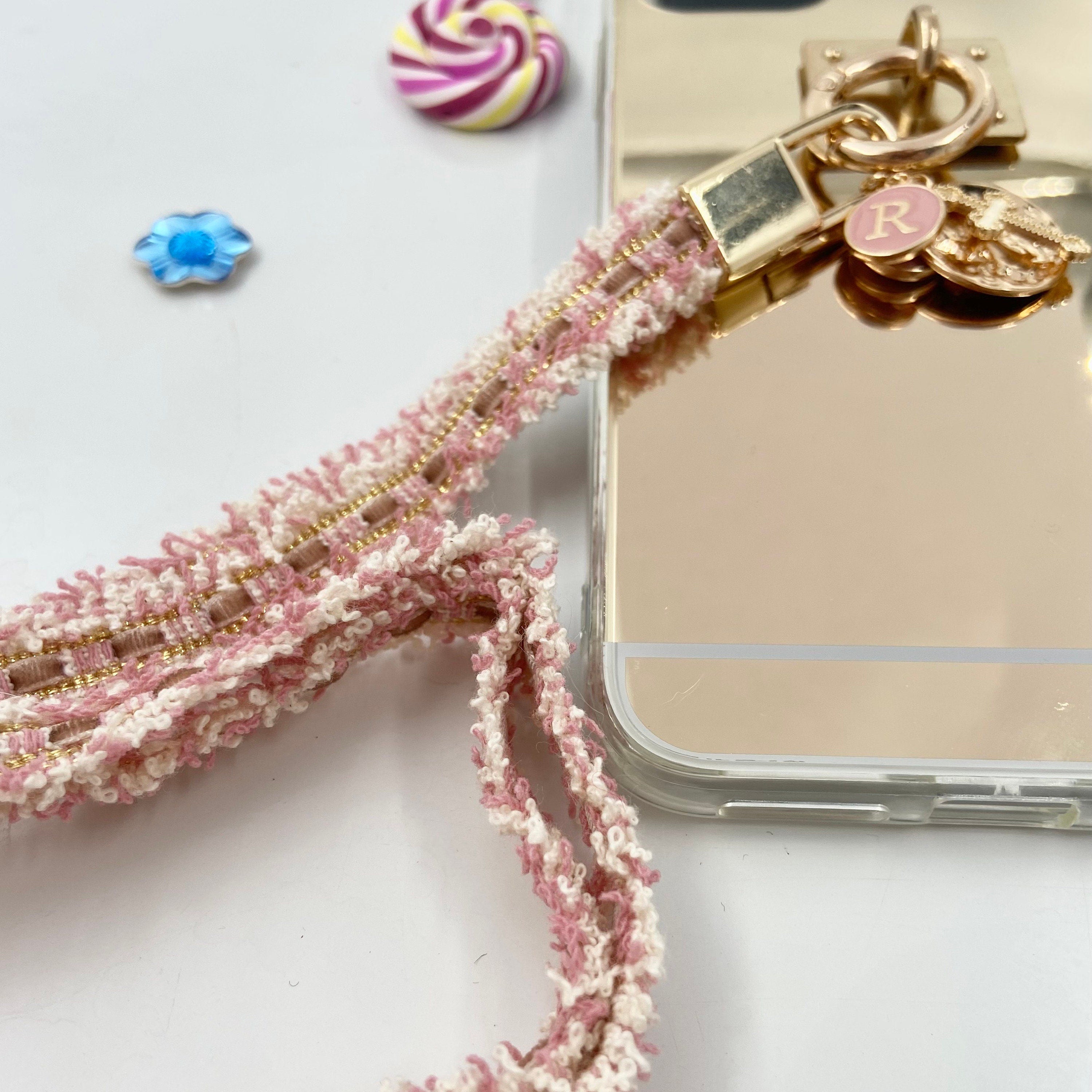 Personalized Letter Bling Make-Up Mirror iPhone Case w Rose Tweed Handle Sling Bling Charms for iPhone Samsung models- Also makes Great Gift