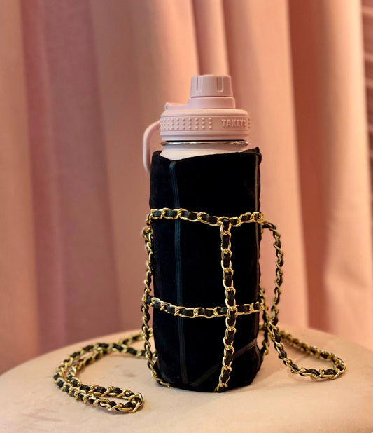 Rose Gold or Black Gold Chain Velvet Water Bottle Holder with Shoulder Sling Pouch, For Your Reusable Hydro Flask Bottle, Makes Great Gift