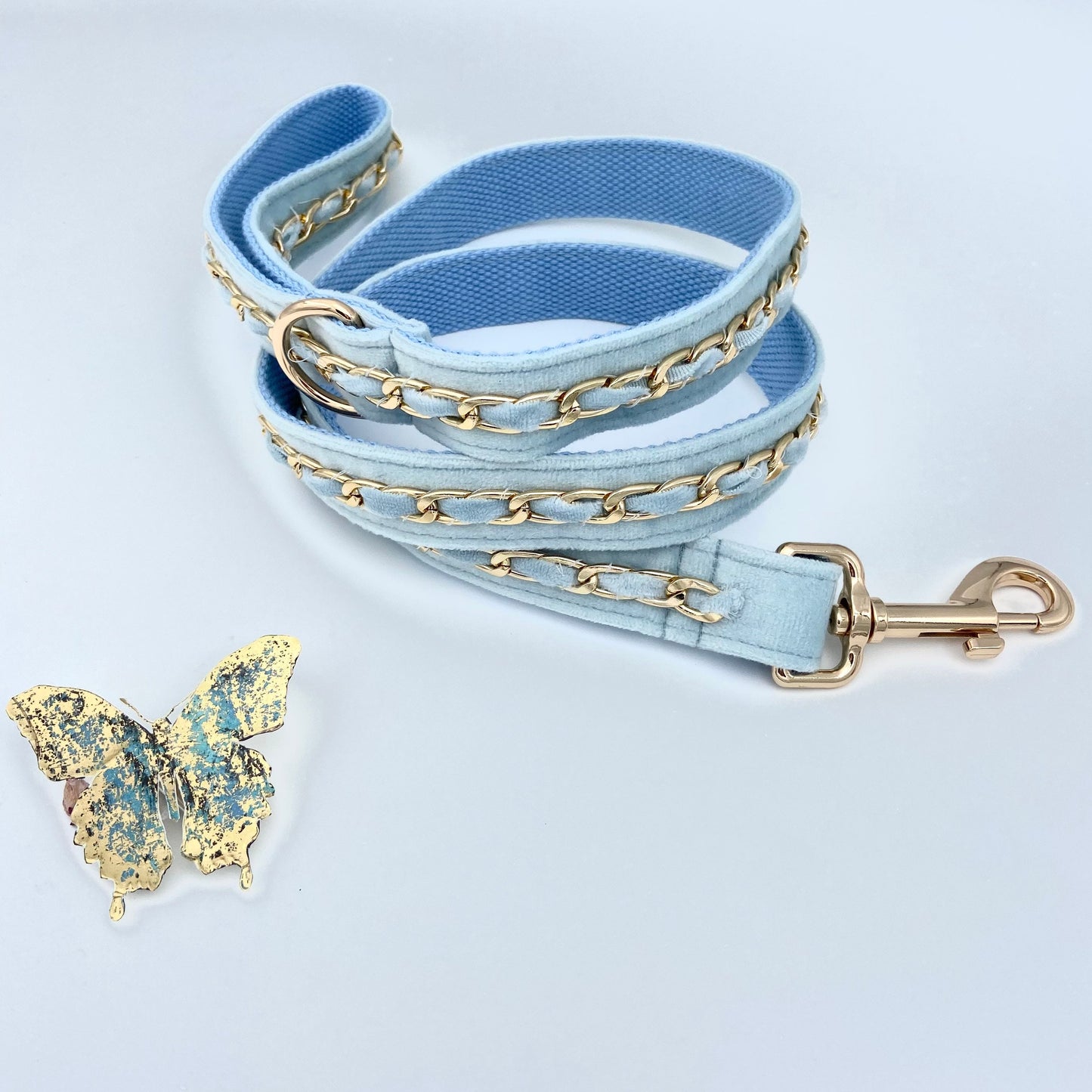 Gold Embellished Dog Collar, Adjustable Harness & Leash Set, Unisex Dog Collar 4Ft Leash, Puppy Dog Collar, Sky Blue Velvet, Dog Accessories