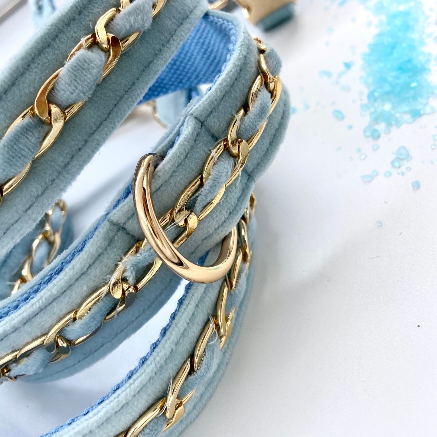 Gold Embellished Dog Collar, Adjustable Harness & Leash Set, Unisex Dog Collar 4Ft Leash, Puppy Dog Collar, Sky Blue Velvet, Dog Accessories