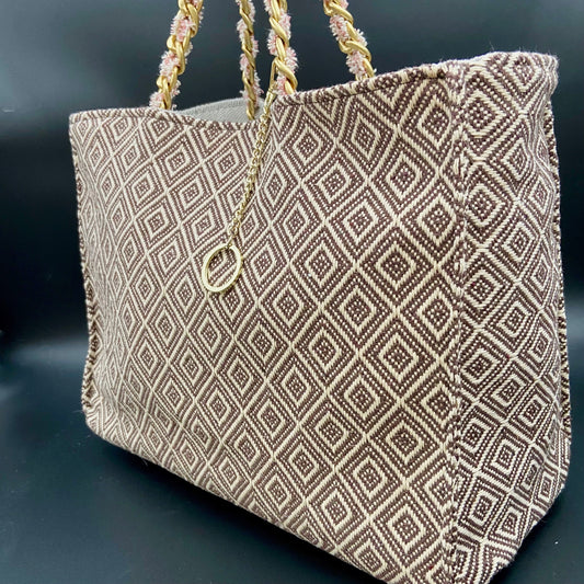 NEW!Luxurious Antelope Kenya Spacious Canvas Fabric Handbag Summer Tote. Chunky Chain Handles Unique Details - 4 Different Styles Great Gift