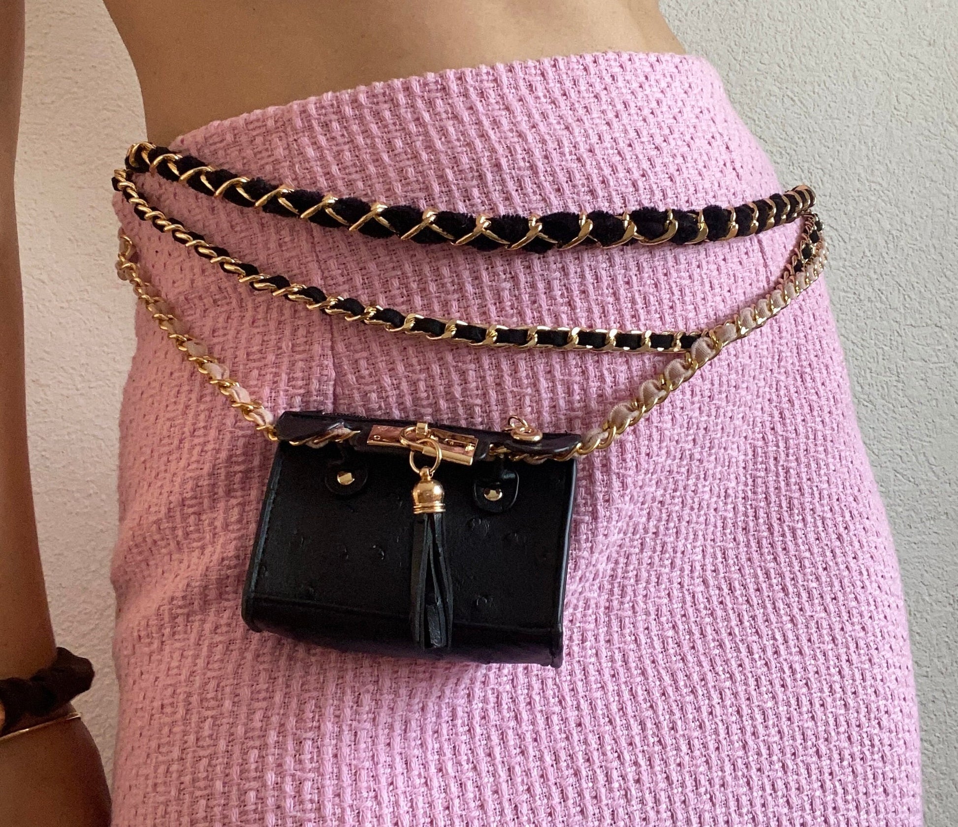 Stylish Black Ostrich Vegan Leather Mini Flap Bag with Gold Chain