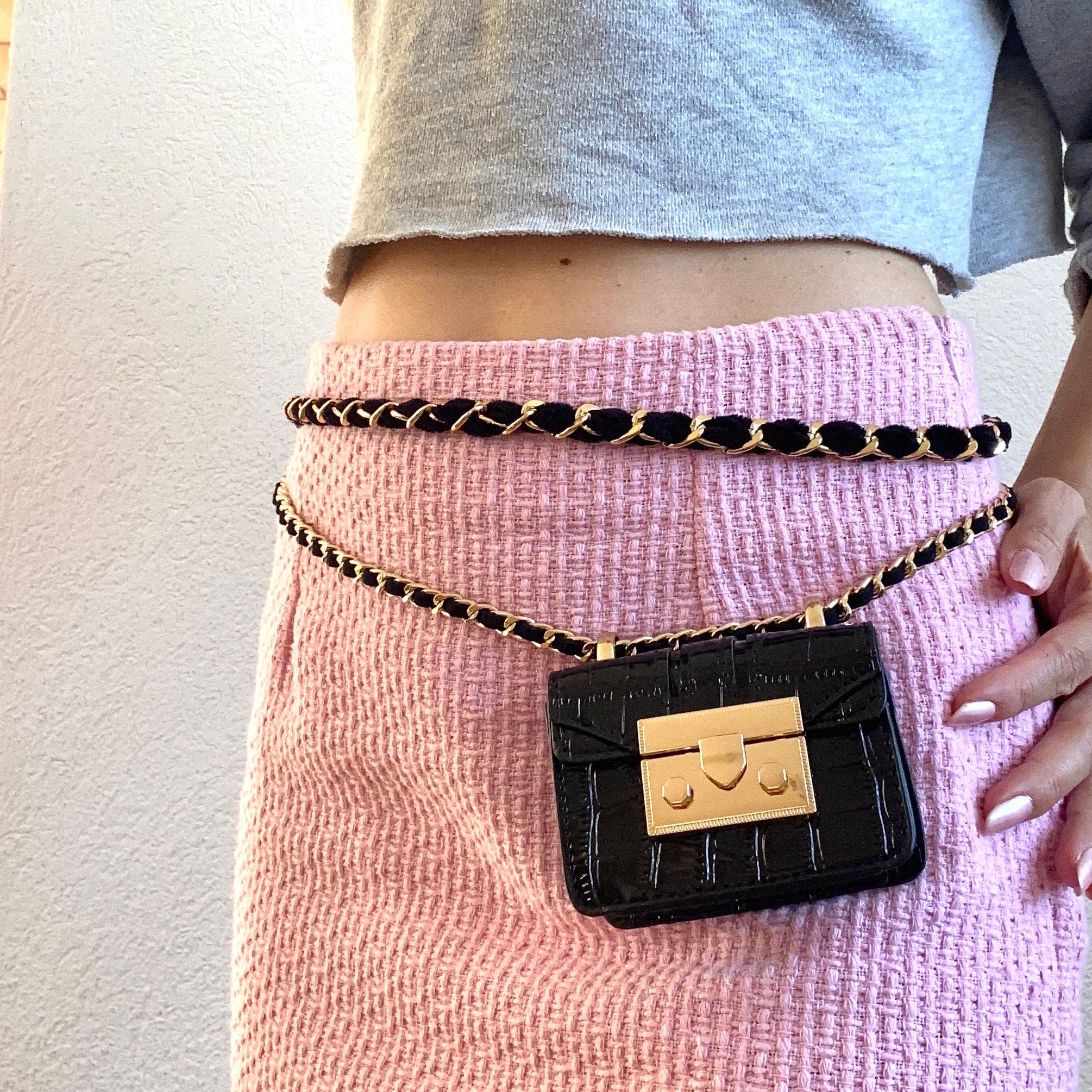 PINK SHINY MINI BAG WITH ADJUSTABLE CHAIN WAIST BELT Black