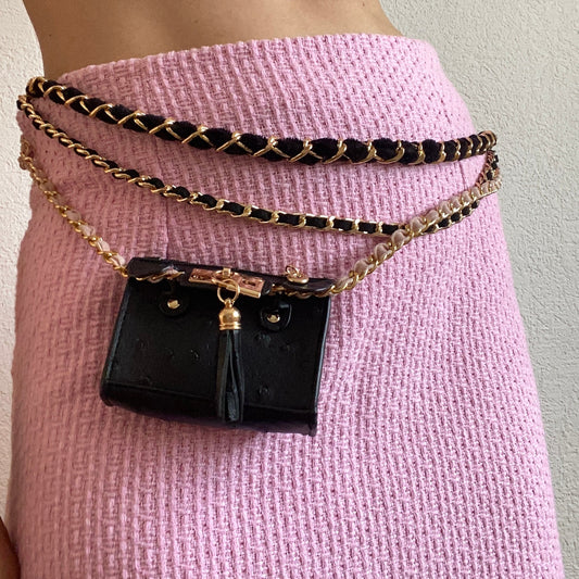 Black Ostrich Vegan Leather Removable Mini Flap Bag Adjustable Multilayer Waist Belt Gold Chain for Hips, Body Chain with mini Bag Wallet