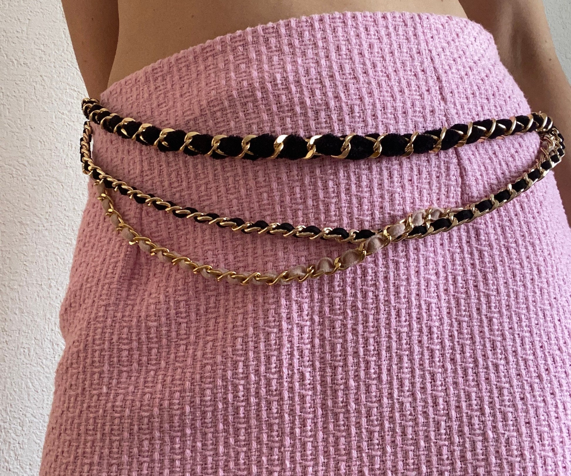 Luxury Black / Pink Chunky Chain Adjustable Multilayer Waist Belt, Velvet Trim Gold Chain for Hips, Body Chain Belt, Hip Chain Belt for gift