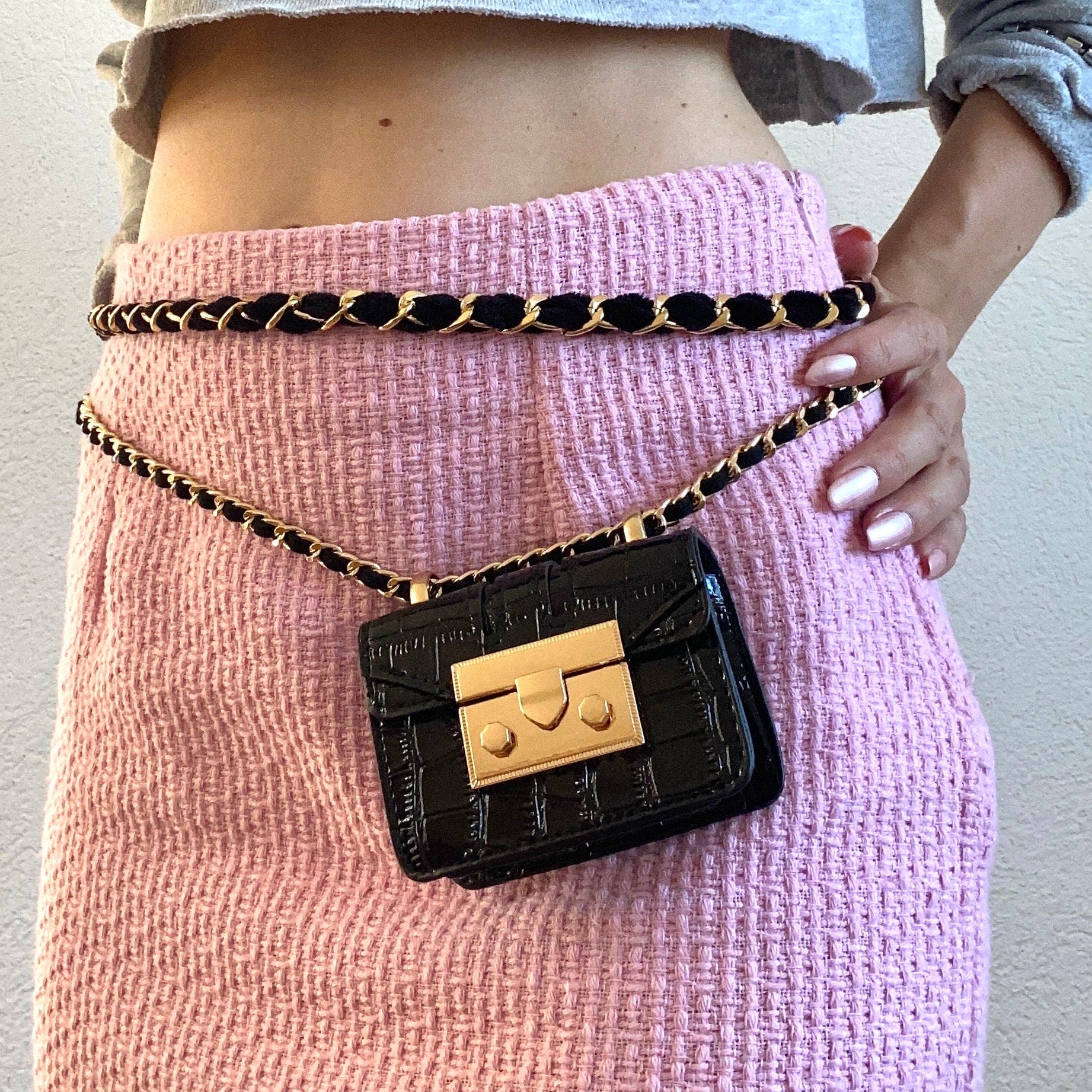 Pink / Black Shiny Vegan Leather Mini Flap Bag Adjustable Multilayer Waist Belt Gold Chain for your Hip, Waist Body Chain w/ mini Bag Wallet