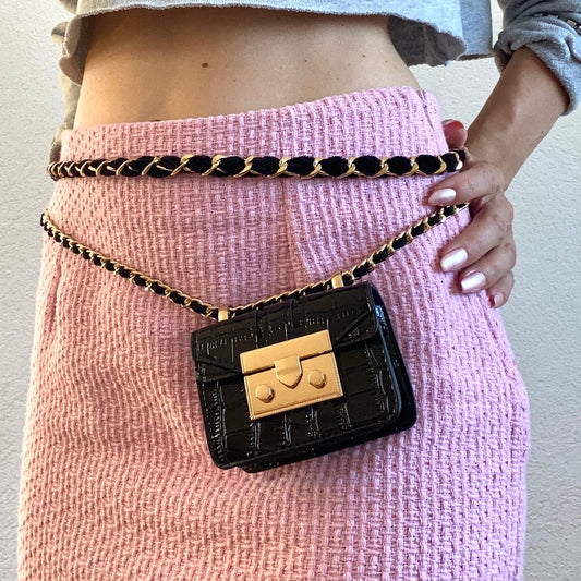 Pink / Black Shiny Vegan Leather Mini Flap Bag Adjustable Multilayer Waist Belt Gold Chain for your Hip, Waist Body Chain w/ mini Bag Wallet