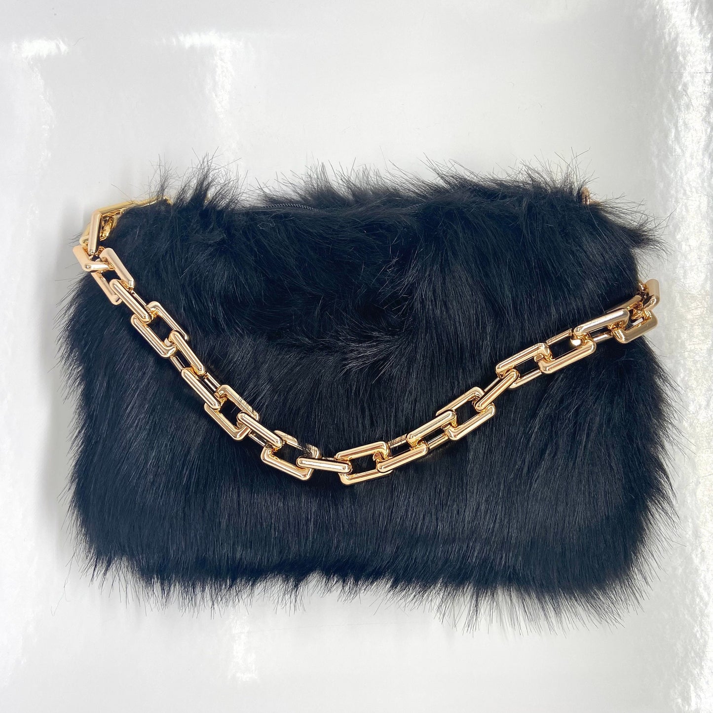 Vegan Fur Purse with Gold Chunky Chain Sling Top Zipper Square Fuzzy Bag for Valuables in Brown Soft Vegan Fur Over shoulder Handbag Tote