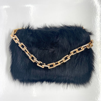 Vegan Fur Purse with Gold Chunky Chain Sling Top Zipper Square Fuzzy Bag for Valuables in Brown Soft Vegan Fur Over shoulder Handbag Tote