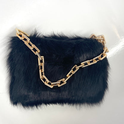 Vegan Fur Purse with Gold Chunky Chain Sling Top Zipper Square Fuzzy Bag for Valuables in Brown Soft Vegan Fur Over shoulder Handbag Tote