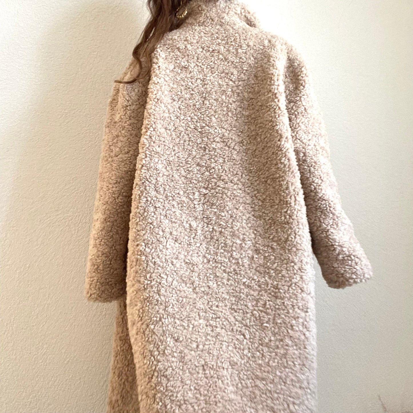 Luxury Beige Fuzzy Faux Fur Woolen Oversized Winter Coat, Teddy Fuzzy Long Robe Coat with detachable Belt, Warm Cozy Luxury Vegan Fur Coat