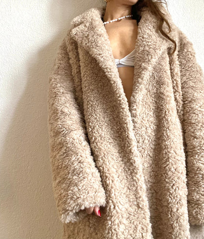 Luxury Beige Fuzzy Faux Fur Woolen Oversized Winter Coat, Teddy Fuzzy Long Robe Coat with detachable Belt, Warm Cozy Luxury Vegan Fur Coat