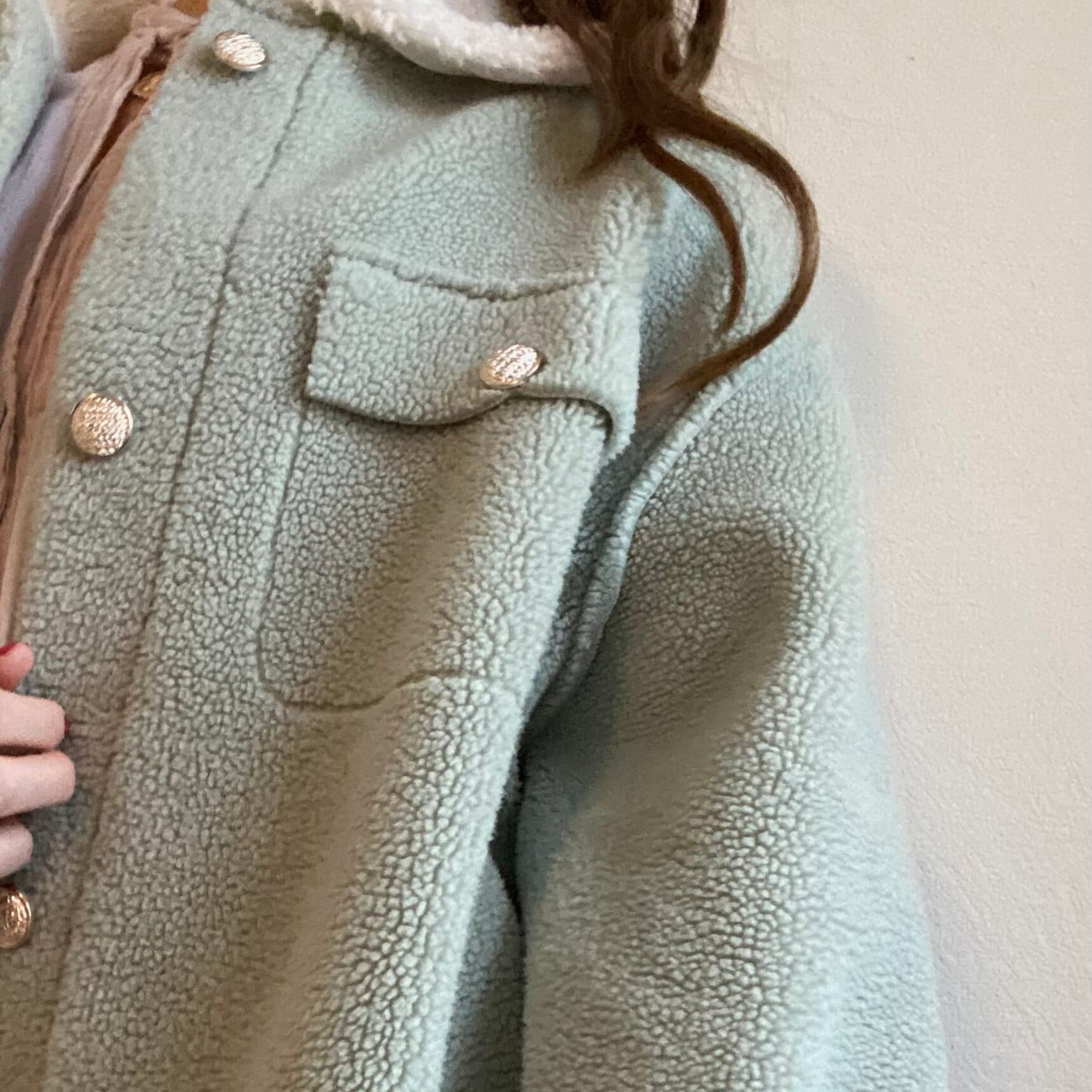 Avocado Green Woolen Faux Lamb Overcoat with Gold Buttons and White Collar Mid Length Loose Lapel Jacket Teddy Cover for Outdoor or Indoors