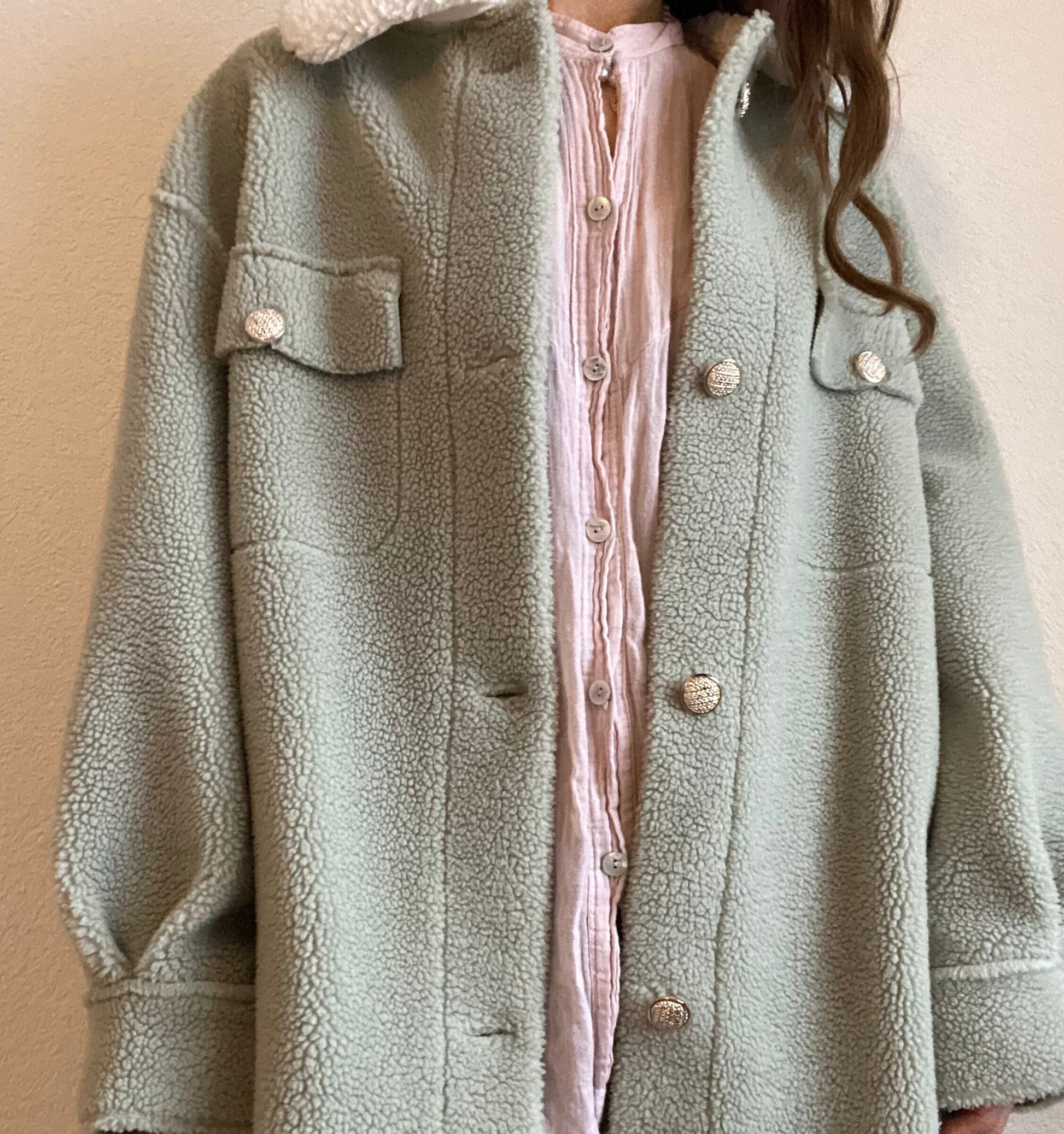 Avocado Green Woolen Faux Lamb Overcoat with Gold Buttons and White Collar Mid Length Loose Lapel Jacket Teddy Cover for Outdoor or Indoors