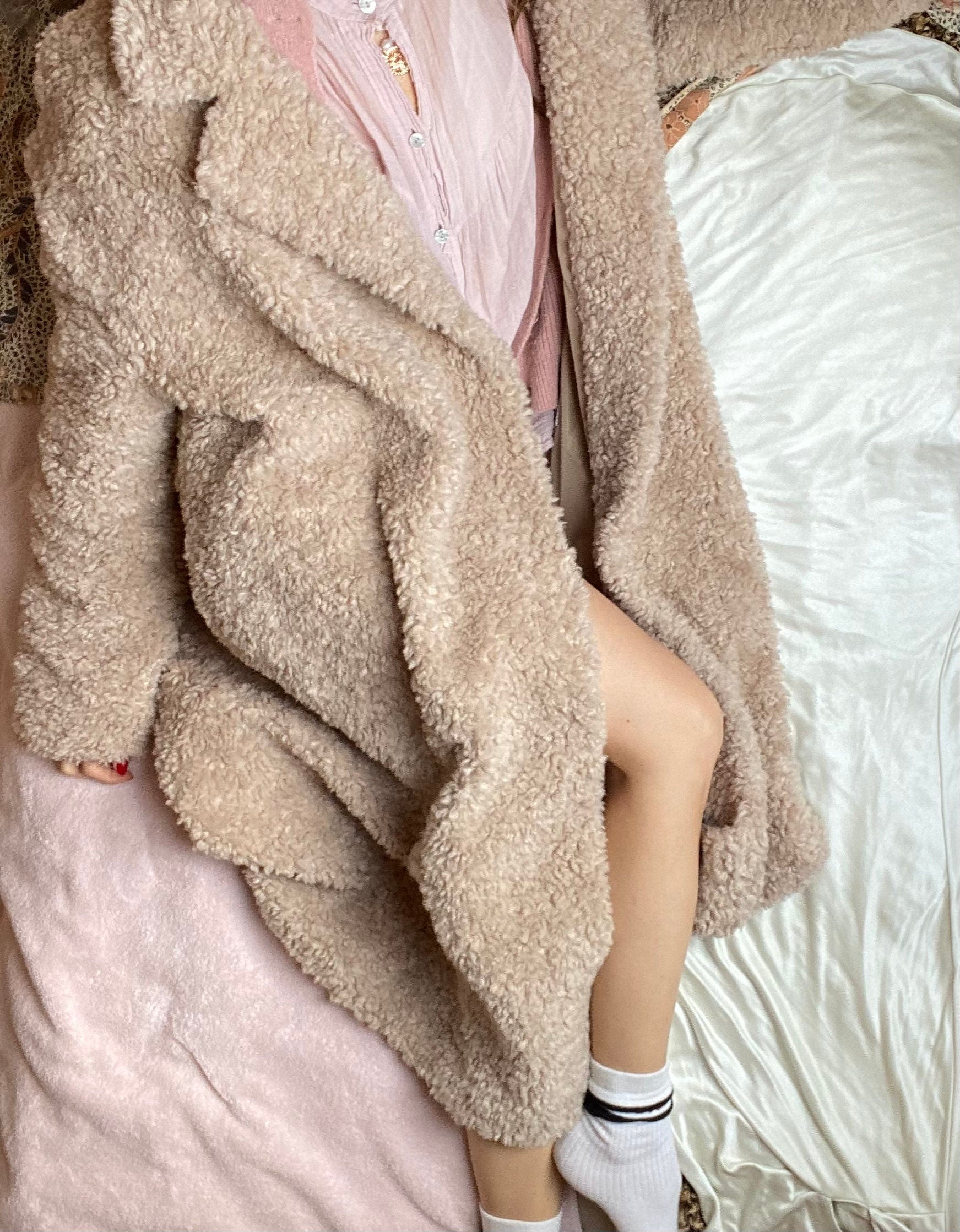 Luxury Beige Fuzzy Faux Fur Woolen Oversized Winter Coat, Teddy Fuzzy Long Robe Coat with detachable Belt, Warm Cozy Luxury Vegan Fur Coat