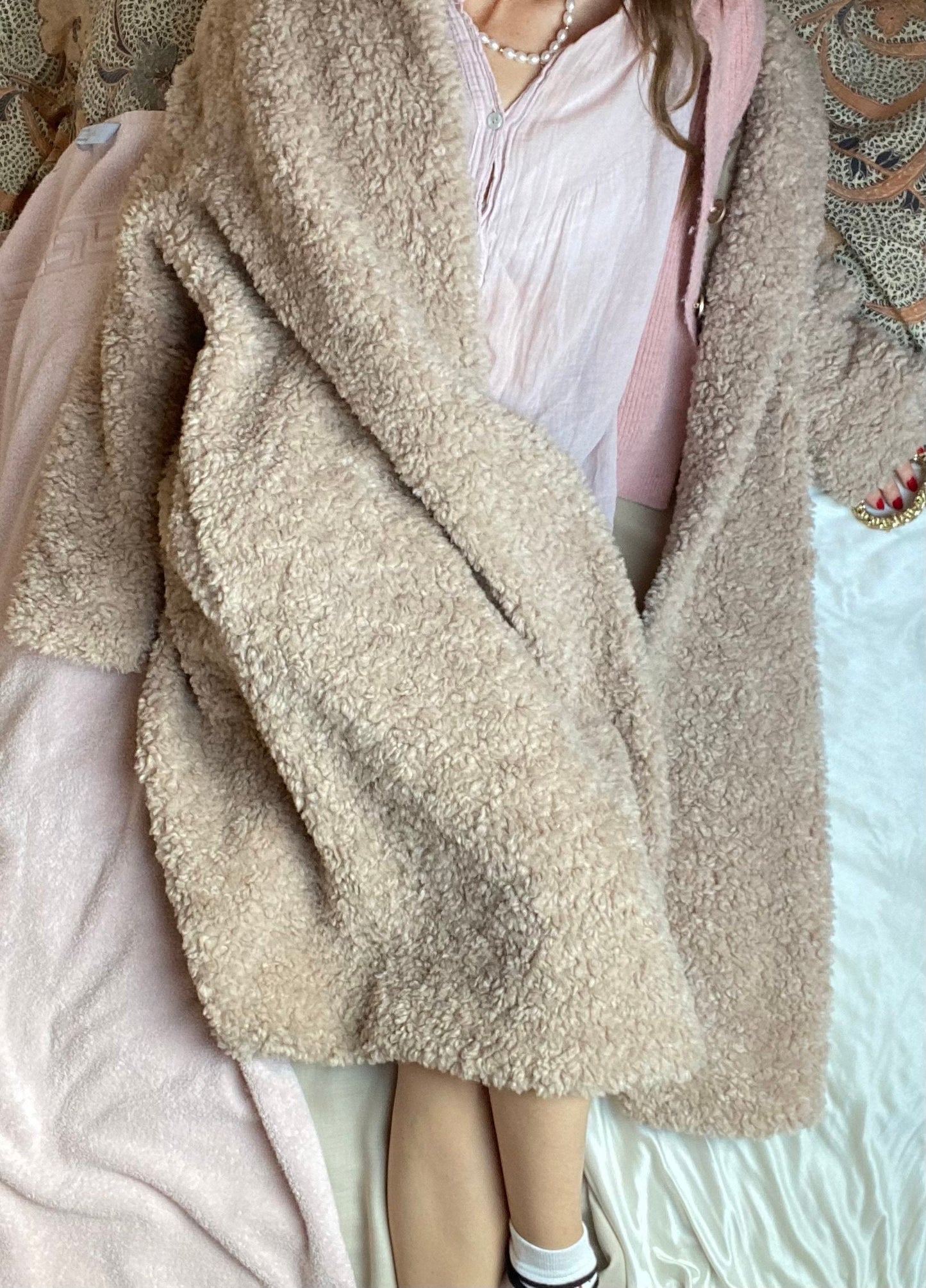 Luxury Beige Fuzzy Faux Fur Woolen Oversized Winter Coat, Teddy Fuzzy Long Robe Coat with detachable Belt, Warm Cozy Luxury Vegan Fur Coat