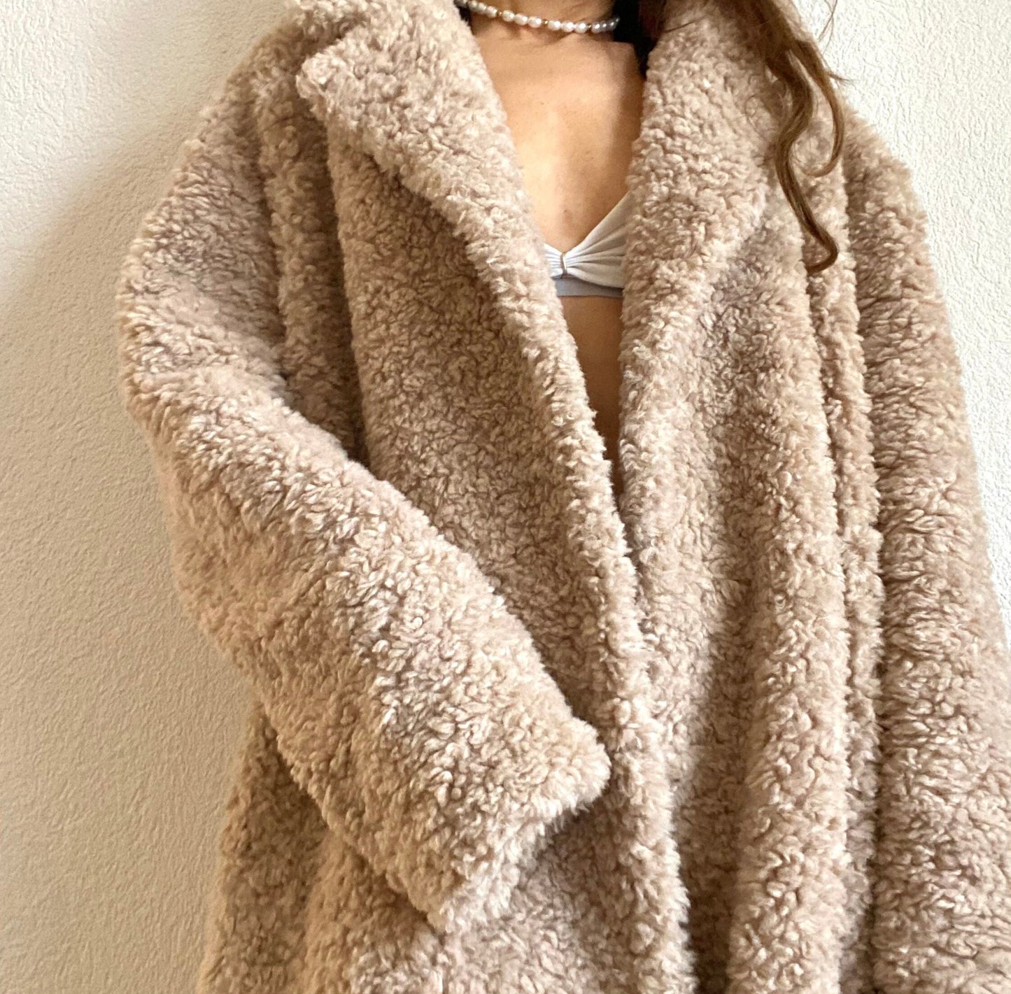 Luxury Beige Fuzzy Faux Fur Woolen Oversized Winter Coat, Teddy Fuzzy Long Robe Coat with detachable Belt, Warm Cozy Luxury Vegan Fur Coat