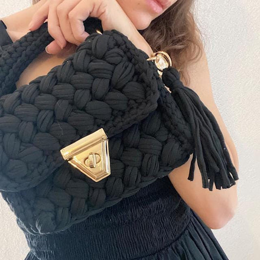 Black Flap Top Braided Texture made from Recycled Jersey Purse with Tassle, Crochet Top Handle Tote Bag, Secure Closure Handbag Hand Braided