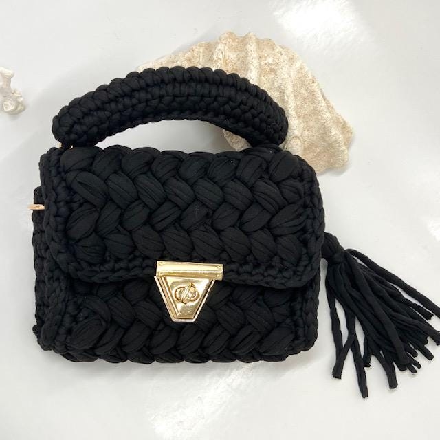 Black Flap Top Braided Texture made from Recycled Jersey Purse with Tassle, Crochet Top Handle Tote Bag, Secure Closure Handbag Hand Braided