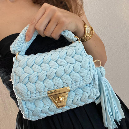 Mint Flap Top Braided Texture made from Recycled Jersey Purse with Tassle, Crochet Top Handle Tote Bag, Secure Closure Handbag Hand Braided