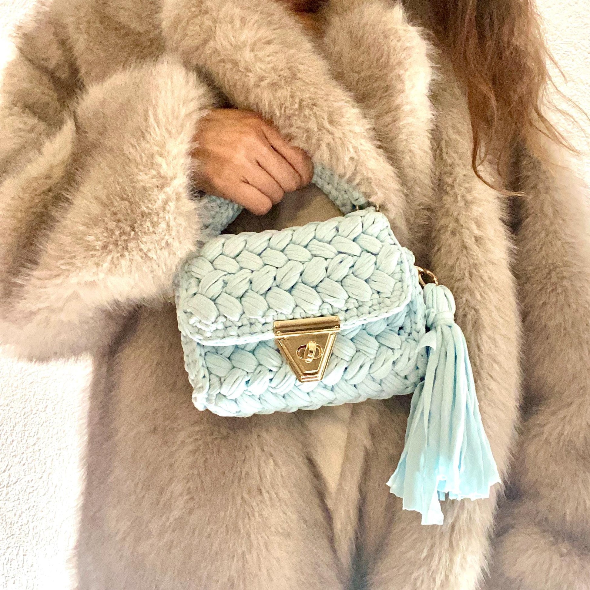 Mint Flap Top Braided Texture made from Recycled Jersey Purse with Tassle, Crochet Top Handle Tote Bag, Secure Closure Handbag Hand Braided