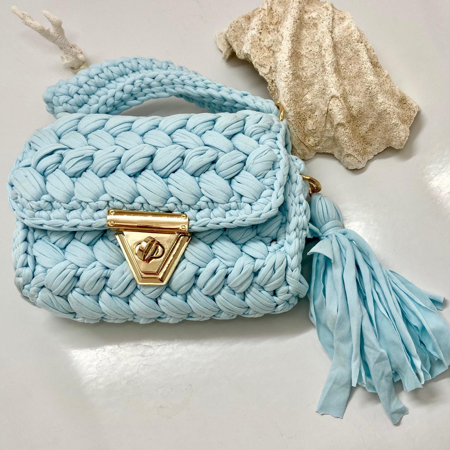 Mint Flap Top Braided Texture made from Recycled Jersey Purse with Tassle, Crochet Top Handle Tote Bag, Secure Closure Handbag Hand Braided