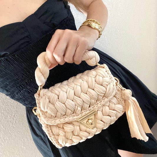 Beige Flap Top Braided Texture made from Recycled Jersey Purse with Tassle, Crochet Top Handle Tote Bag, Secure Closure Handbag Hand Braided